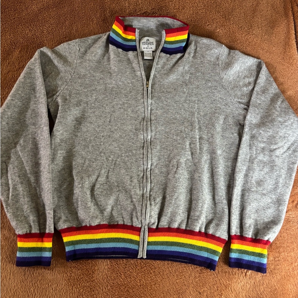 Madeleine Thompson x AQUA Gray Zip Sweater Rainbow Trim Small